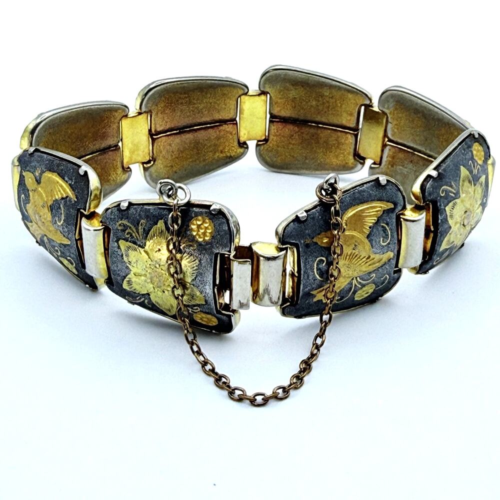 Vintage Damascene Panel Link Bracelet Black Gold Inlay Bird Flower Safety Chain
